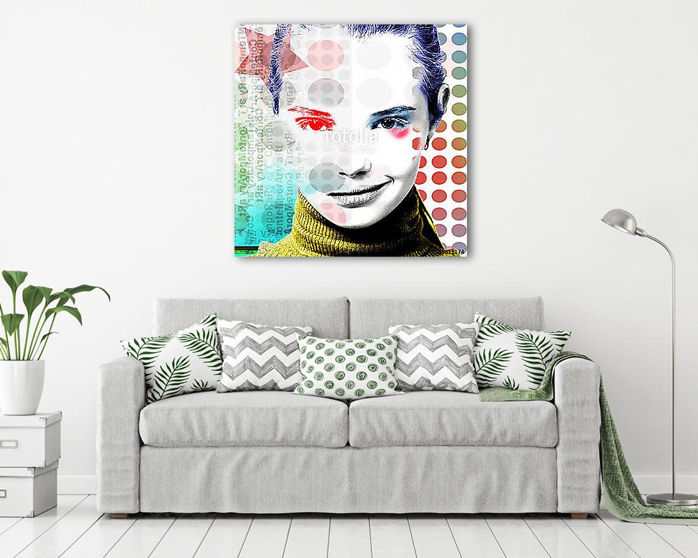 Poster with a portrait of a pretty grinning girl in a modern style of pop art. (vászonkép) - vászonkép, falikép otthonra és irodába