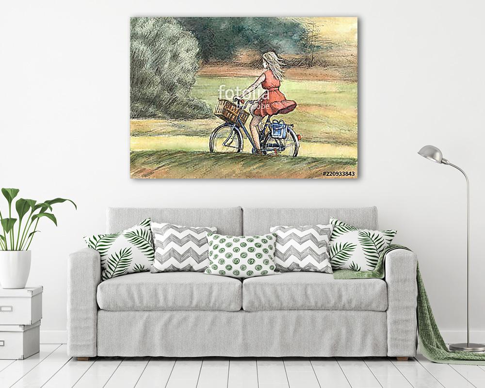 Piros ruhás lány kerékpározik - vászonkép, falikép vásárlás Piros ruhás lány kerékpározik (vászonkép) - vászonkép, falikép otthonra és irodába