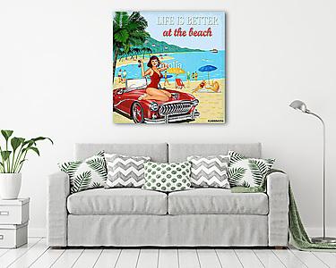 Vintage vacation background with pin-up girl,  retro car and people on the beach (vászonkép) - vászonkép, falikép otthonra és irodába