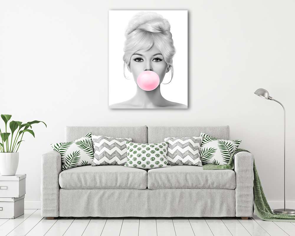 Brigitte Bardot rózsaszín rágógumit fúj, fekete-fehér (4:5 arány) - vászonkép, falikép vásárlás Brigitte Bardot rózsaszín rágógumit fúj, fekete-fehér (4:5 arány) (vászonkép) - vászonkép, falikép otthonra és irodába
