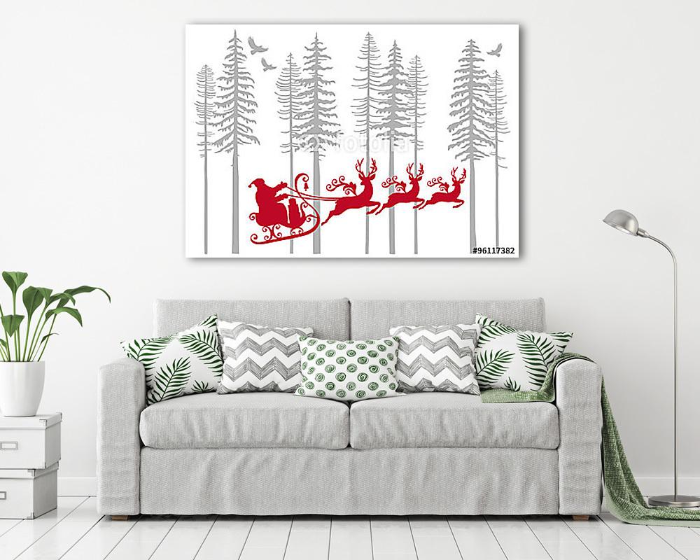 Mikulás a rénszarvas fenyőerdőben, vektor (keretezett kép) - vászonkép, falikép otthonra és irodába