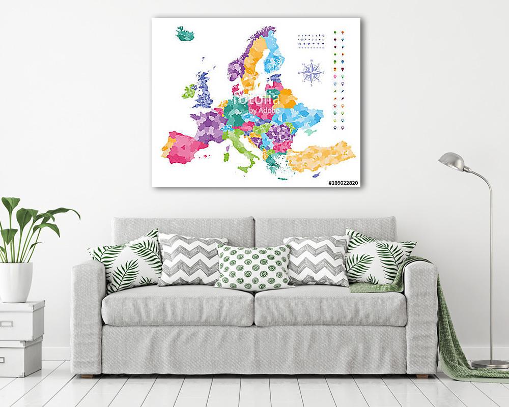 Európa térkép, amelyen a régiók határai vannak.  - vászonkép, falikép vásárlás Európa térkép, amelyen a régiók határai vannak.  (vászonkép) - vászonkép, falikép otthonra és irodába