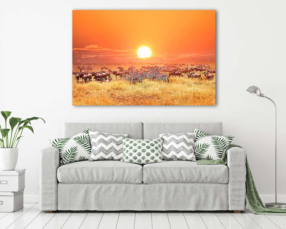 Zebrák és antilopok az afrikai nemzeti parkban. Napnyugta. (fotótapéta) - vászonkép, falikép otthonra és irodába