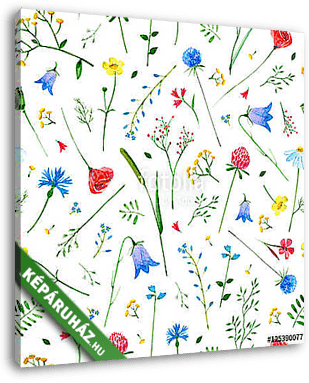 Floral seamless pattern with wild flowers and herbs on a white b - vászonkép 3D látványterv