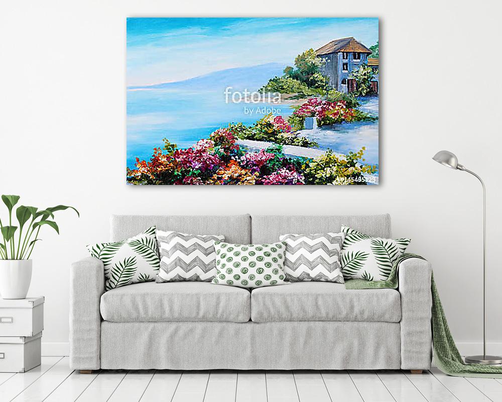 Tenger melletti ház sok virággal (olajfestmény reprodukció) - vászonkép, falikép vásárlás Tenger melletti ház sok virággal (olajfestmény reprodukció) (keretezett kép) - vászonkép, falikép otthonra és irodába
