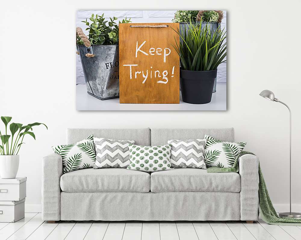Wooden board with text keep trying (többrészes kép) - vászonkép, falikép otthonra és irodába
