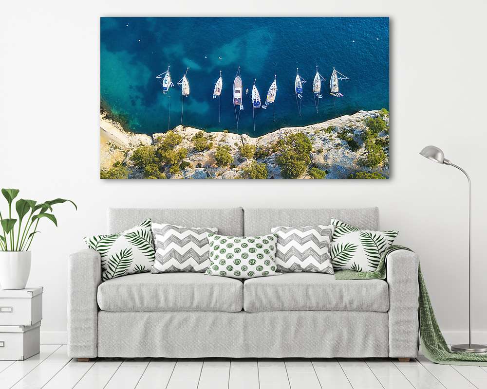 Yachts at the sea in France. Aerial view of luxury floating boat on transparent turquoise water at sunny day. Summer seascape fr - vászonkép, falikép vásárlás Yachts at the sea in France. Aerial view of luxury floating boat on transparent turquoise water at sunny day. Summer seascape fr (fotótapéta) - vászonkép, falikép otthonra és irodába