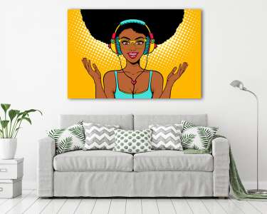 Pop Art - Fekete nő zenét hallgat, fejhallgatóval (vászonkép) - vászonkép, falikép otthonra és irodába
