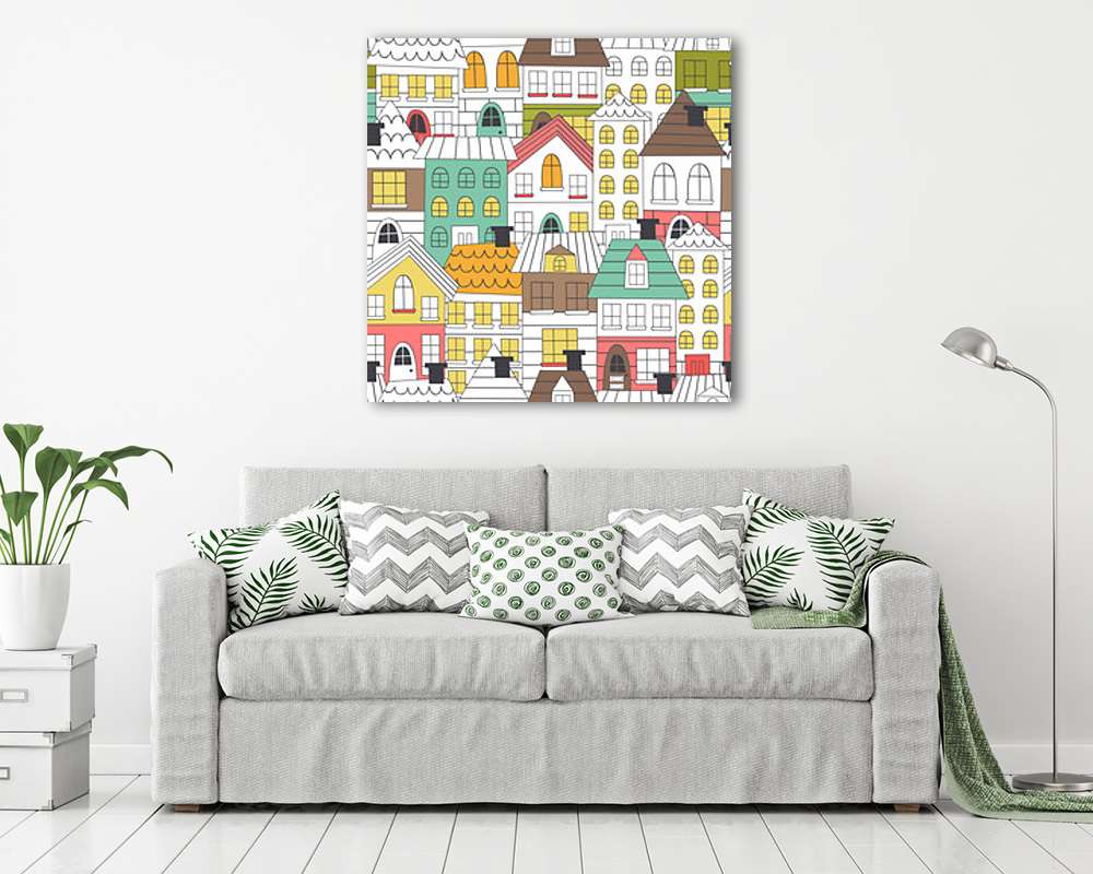 Részben színes házak tapétaminta (keretezett kép) - vászonkép, falikép otthonra és irodába