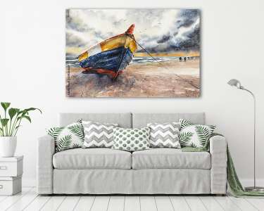 Fa csónak a Balti-tenger partján, vízvesték stílusban (vászonkép) - vászonkép, falikép otthonra és irodába