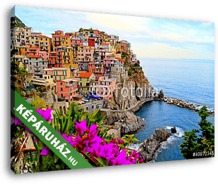 Olaszországi Cinque Terre virágokkal - vászonkép 3D látványterv