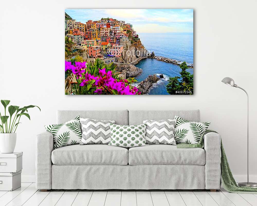 Olaszországi Cinque Terre virágokkal (többrészes kép) - vászonkép, falikép otthonra és irodába