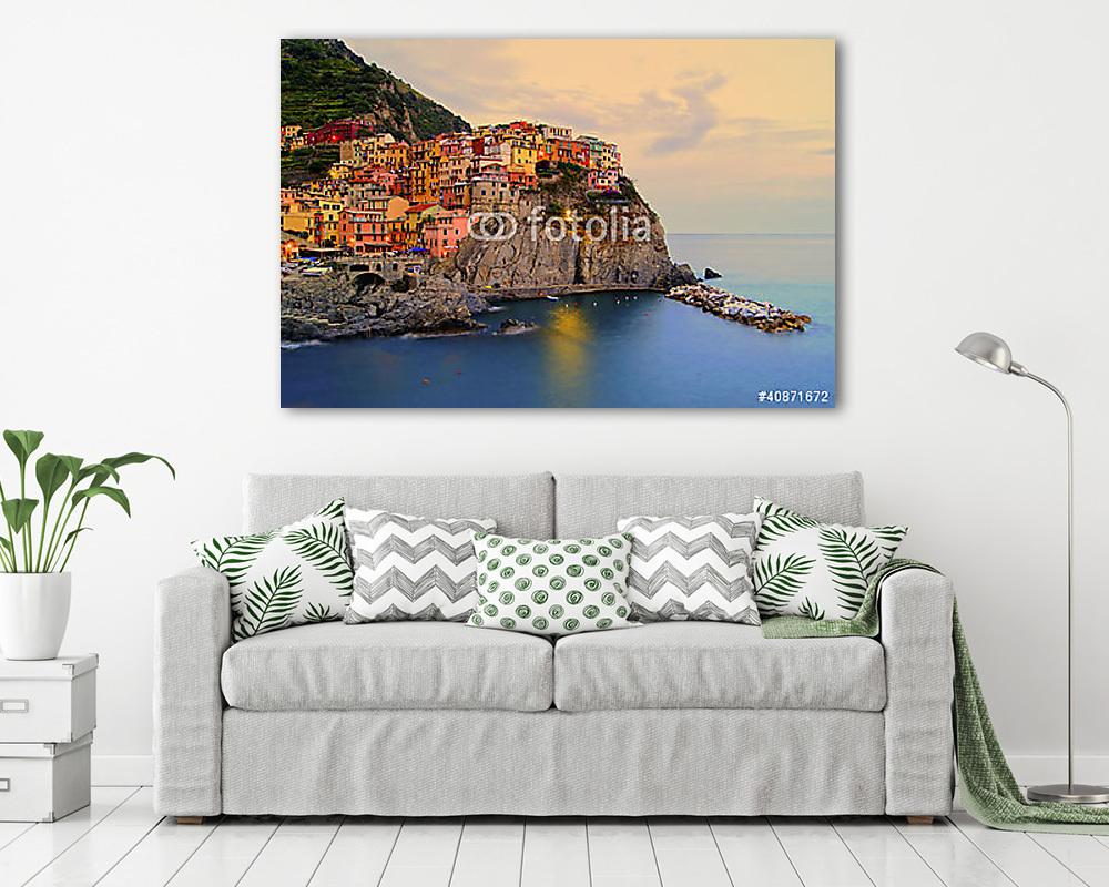 Manarola, Olaszország a Cinque Terre partján naplementekor (bögre) - vászonkép, falikép otthonra és irodába