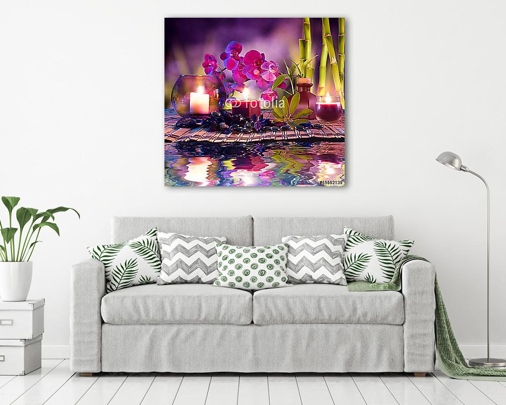 ibolyaszínű kompozíció - gyertyák, olaj, orchideák és bambusz a  (fotótapéta) - vászonkép, falikép otthonra és irodába