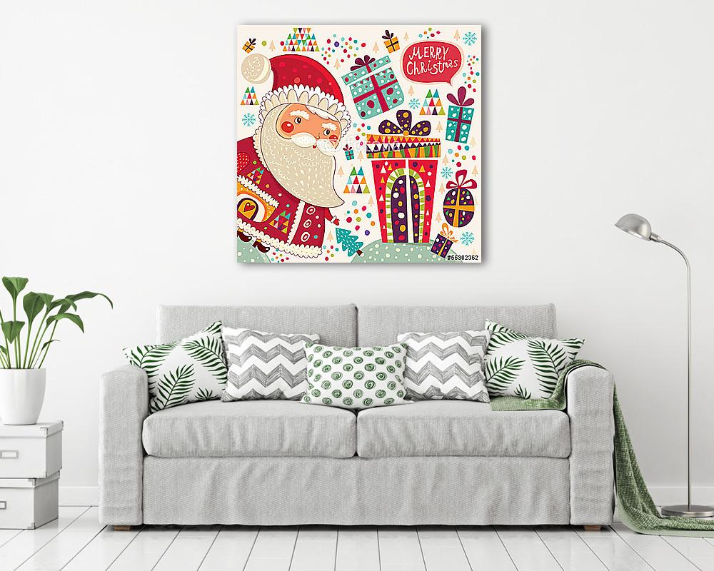 Cartoon vicces Mikulás ajándékokkal (vászonkép) - vászonkép, falikép otthonra és irodába