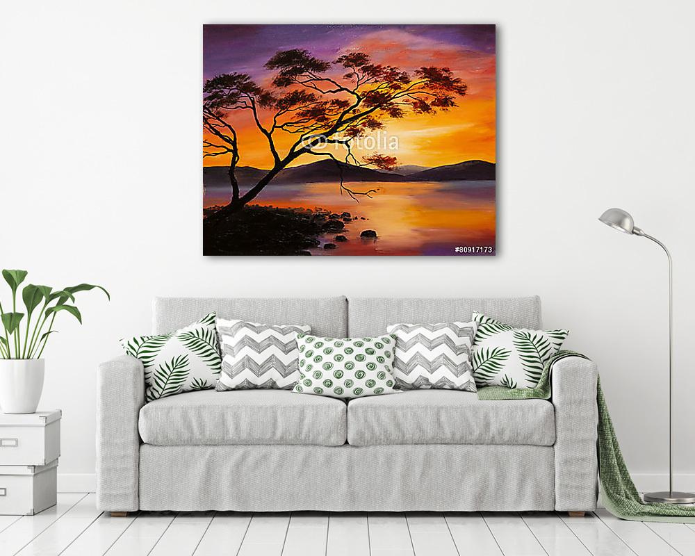 Naplemente a tónál (olajfestmény reprodukció) - vászonkép, falikép vásárlás Naplemente a tónál (olajfestmény reprodukció) (vászonkép) - vászonkép, falikép otthonra és irodába