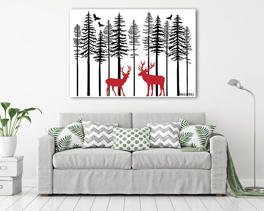 Fenyőerdő rénszarvas, vektor - vászonkép, falikép vásárlás Fenyőerdő rénszarvas, vektor (vászonkép) - vászonkép, falikép otthonra és irodába