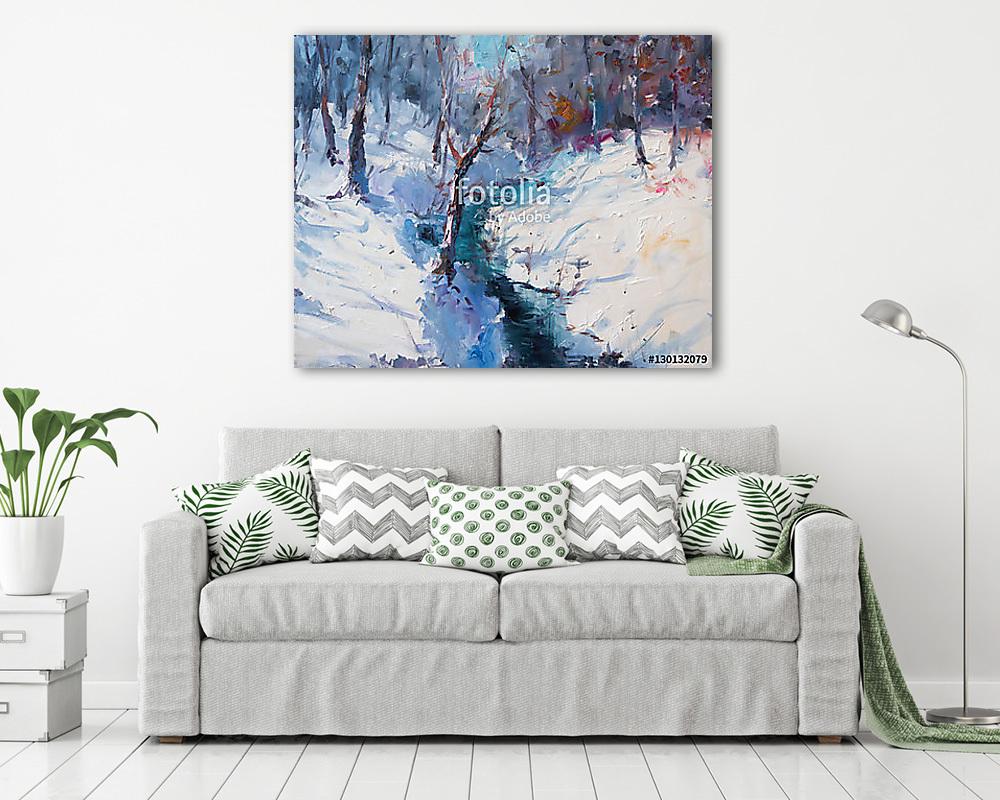 Téli tájkép befagyott patak (olajfestmény reprodukció) (vászonkép) - vászonkép, falikép otthonra és irodába