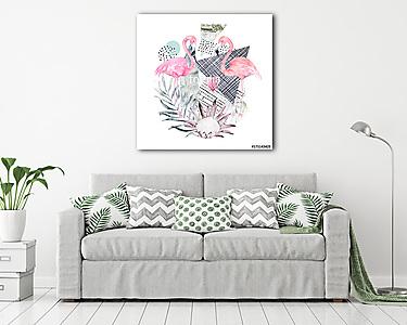 Absztrakt geometriai plakát flamingóval  (vászonkép) - vászonkép, falikép otthonra és irodába