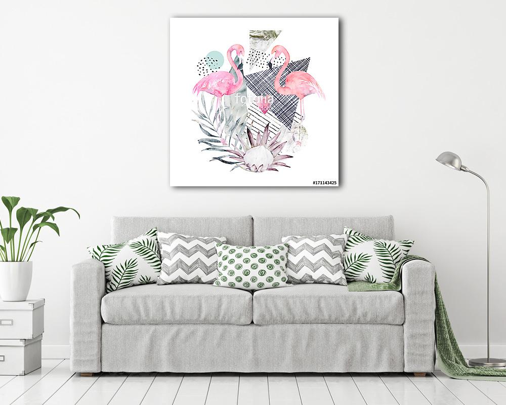 Absztrakt geometriai plakát flamingóval  - vászonkép, falikép vásárlás Absztrakt geometriai plakát flamingóval  (fotótapéta) - vászonkép, falikép otthonra és irodába