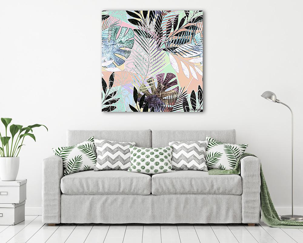 Seamless tropical pattern.Palm leaves on a colorful background. - vászonkép, falikép vásárlás Seamless tropical pattern.Palm leaves on a colorful background. (vászonkép) - vászonkép, falikép otthonra és irodába
