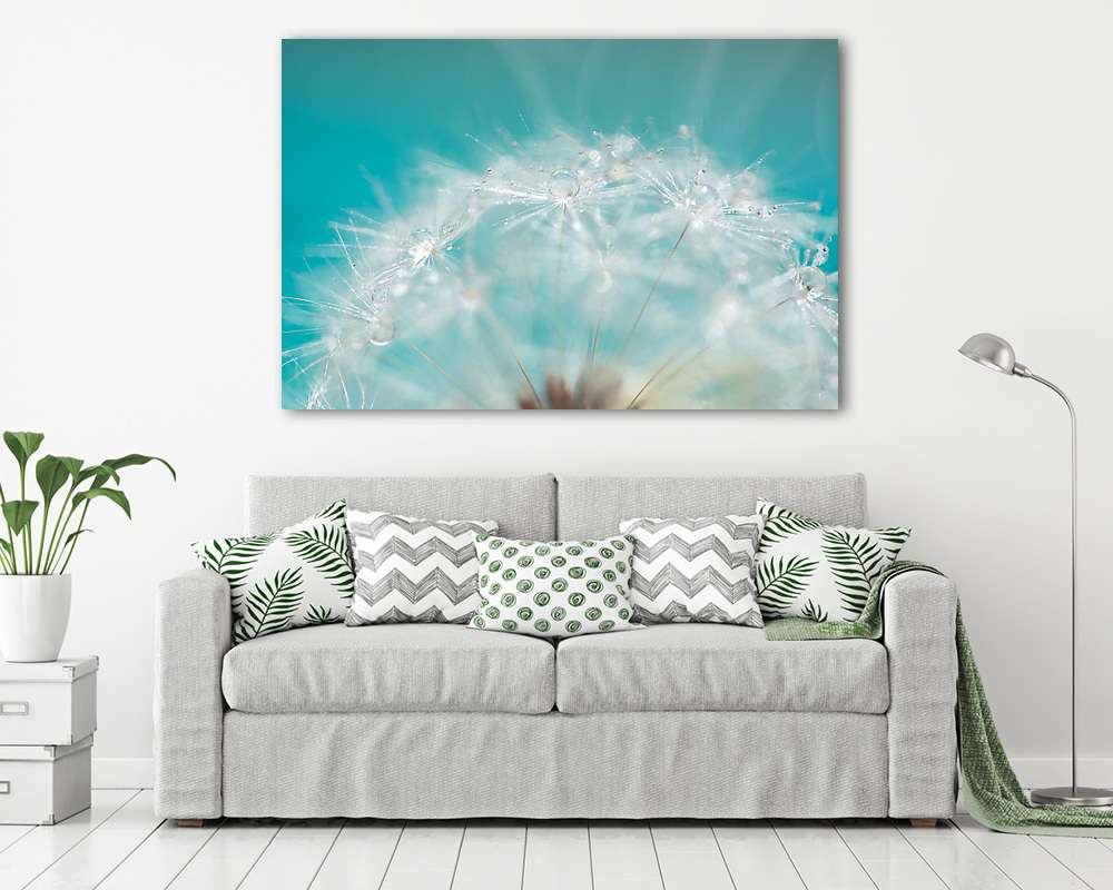 Macro of a dandelion with droplets on the delicate blue backgrou (vászonkép) - vászonkép, falikép otthonra és irodába