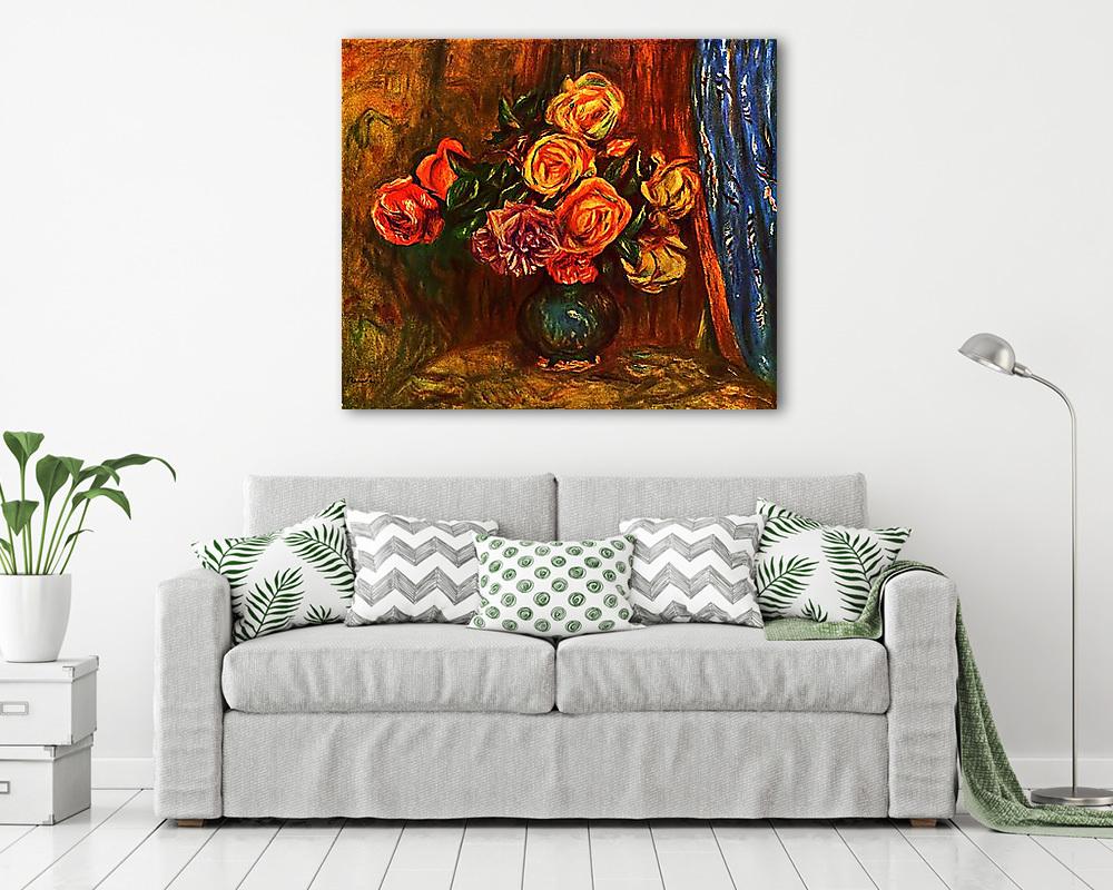 Csendélet rózsákkal, kék függöny előtt - vászonkép, falikép vásárlás Csendélet rózsákkal, kék függöny előtt (vászonkép) - vászonkép, falikép otthonra és irodába