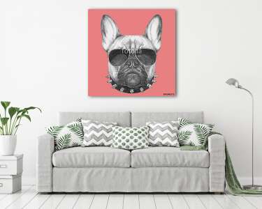 Hand drawn portrait of French Bulldog with collar and sunglasses (vászonkép) - vászonkép, falikép otthonra és irodába