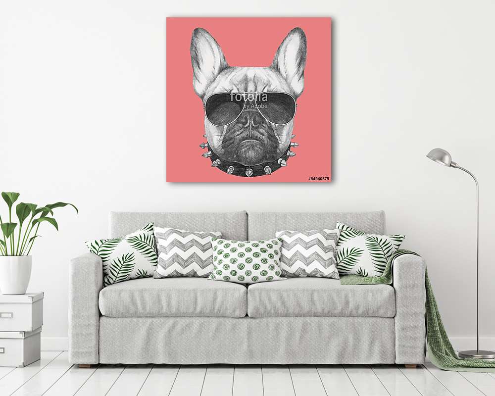 Hand drawn portrait of French Bulldog with collar and sunglasses - vászonkép, falikép vásárlás Hand drawn portrait of French Bulldog with collar and sunglasses (vászonkép) - vászonkép, falikép otthonra és irodába
