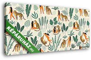 Vector seamless pattern with women, leopards and tropical leaves. - vászonkép 3D látványterv