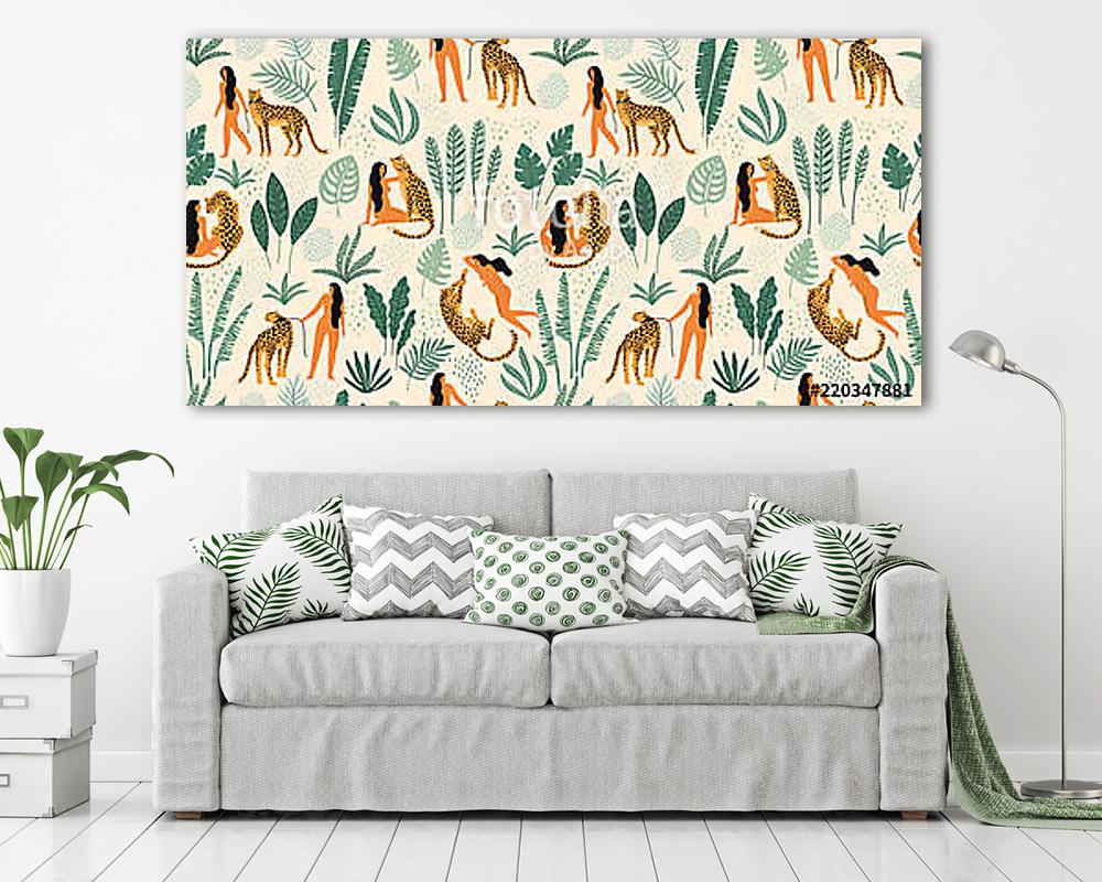 Vector seamless pattern with women, leopards and tropical leaves. (vászonkép) - vászonkép, falikép otthonra és irodába