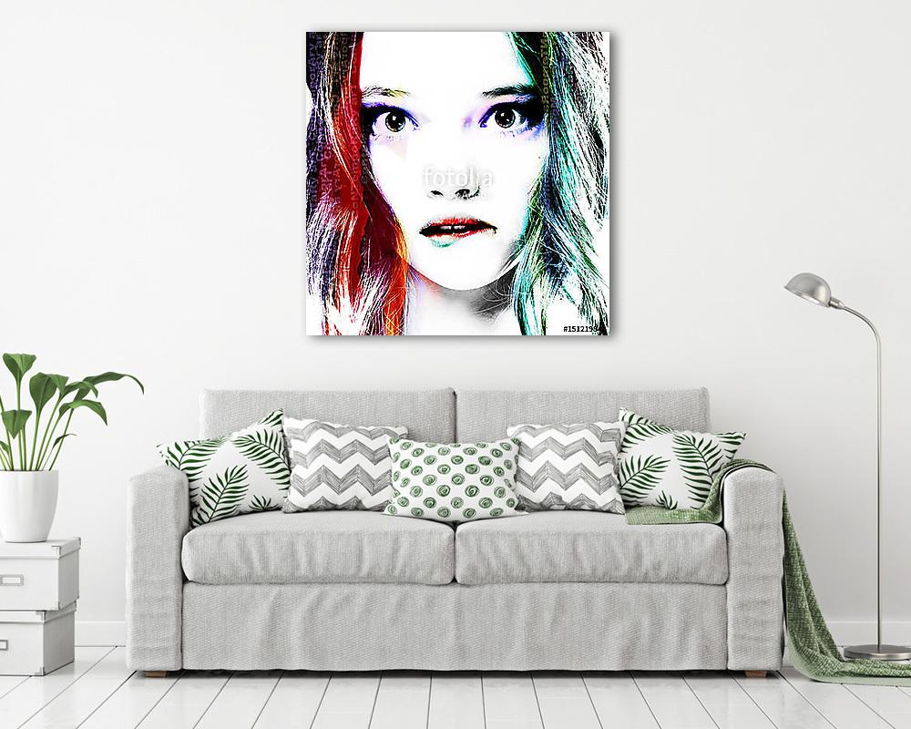 Multi-colored portrait of a young girl decorated in a modern style Pop Art.. (keretezett kép) - vászonkép, falikép otthonra és irodába