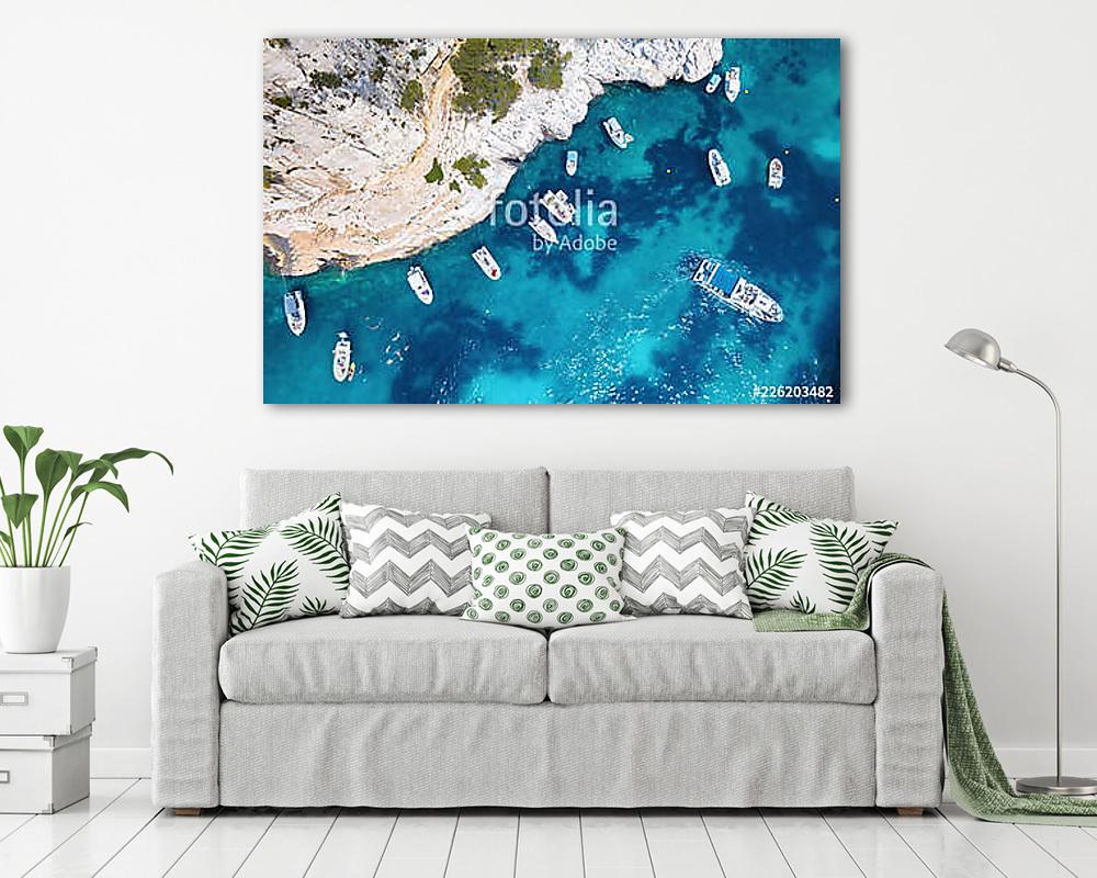 Yachts at the sea in France. Aerial view of luxury floating boat on transparent turquoise water at sunny day. Summer seascape fr (többrészes kép) - vászonkép, falikép otthonra és irodába