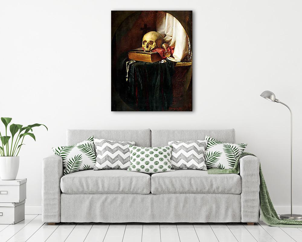 Koponya és köny csendélet (bögre) - vászonkép, falikép otthonra és irodába