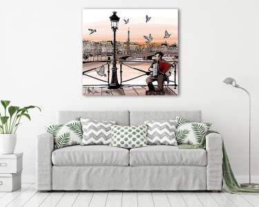 A harmonika a Pont des Arts-ben Párizsban játszik (vászonkép) - vászonkép, falikép otthonra és irodába
