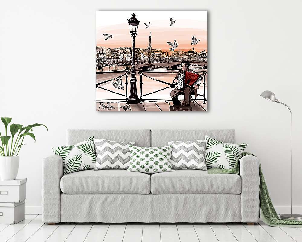 A harmonika a Pont des Arts-ben Párizsban játszik (többrészes kép) - vászonkép, falikép otthonra és irodába