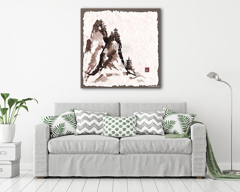 Sziget fákkal ködben. Hagyományos japán festékfestés sumi (vászonkép) - vászonkép, falikép otthonra és irodába