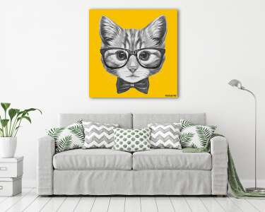 Hand drawn portrait of Cat with glasses and bow tie. Vector isol (vászonkép) - vászonkép, falikép otthonra és irodába