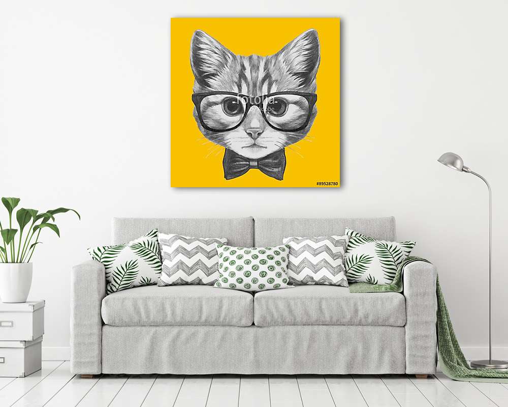 Hand drawn portrait of Cat with glasses and bow tie. Vector isol (többrészes kép) - vászonkép, falikép otthonra és irodába