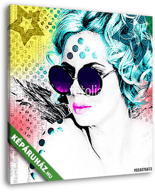 Stylish poster with a portrait of a pretty girl in round glasses. Modern interpretation of the style of Pop Art. - vászonkép 3D látványterv