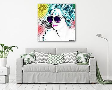 Stylish poster with a portrait of a pretty girl in round glasses. Modern interpretation of the style of Pop Art. (vászonkép) - vászonkép, falikép otthonra és irodába