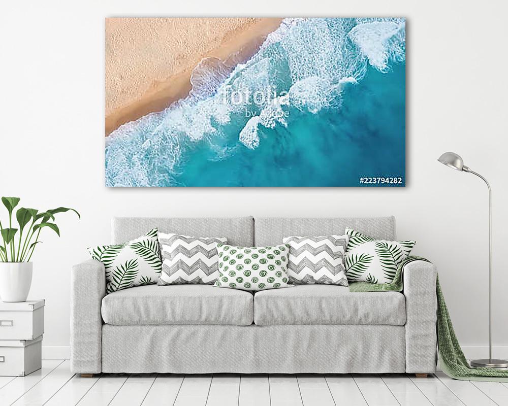 Beach and waves from top view. Turquoise water background from top view. Summer seascape from air. Top view from drone. Travel c - vászonkép, falikép vásárlás Beach and waves from top view. Turquoise water background from top view. Summer seascape from air. Top view from drone. Travel c (vászonkép) - vászonkép, falikép otthonra és irodába