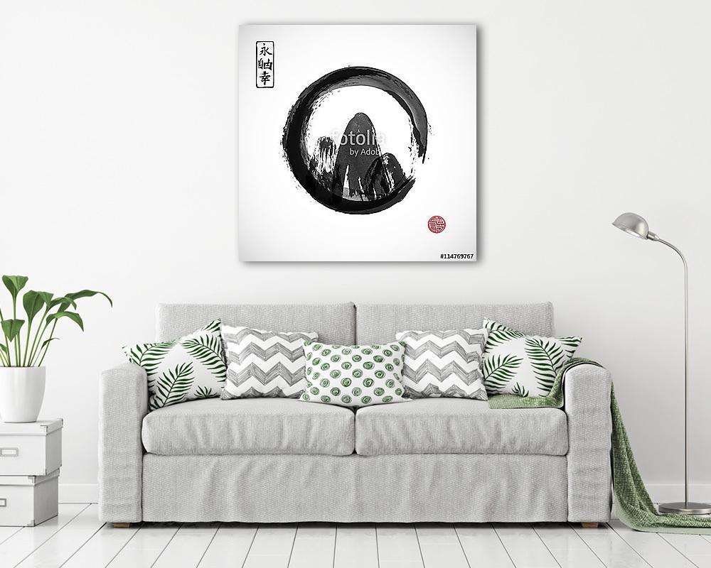 hegyek kézzel rajzolt tinta fekete enso zen kör fehér  (fotótapéta) - vászonkép, falikép otthonra és irodába