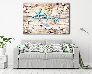Nyári vakáció háttér kagylókkal és dekoratív halakkal (vászonkép) - vászonkép, falikép otthonra és irodába