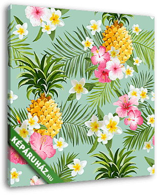 Trópusi virágok és ananászok háttér - Vintage Seamless Pa - vászonkép 3D látványterv