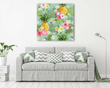 Trópusi virágok és ananászok háttér - Vintage Seamless Pa (vászonkép) - vászonkép, falikép otthonra és irodába