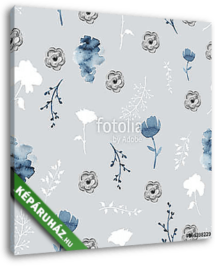 Seamless background pattern with twigs and flowers. Watercolor h - vászonkép 3D látványterv