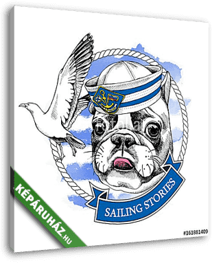 French bulldog portrait in a sailor's cap and with seagull on bl - vászonkép 3D látványterv