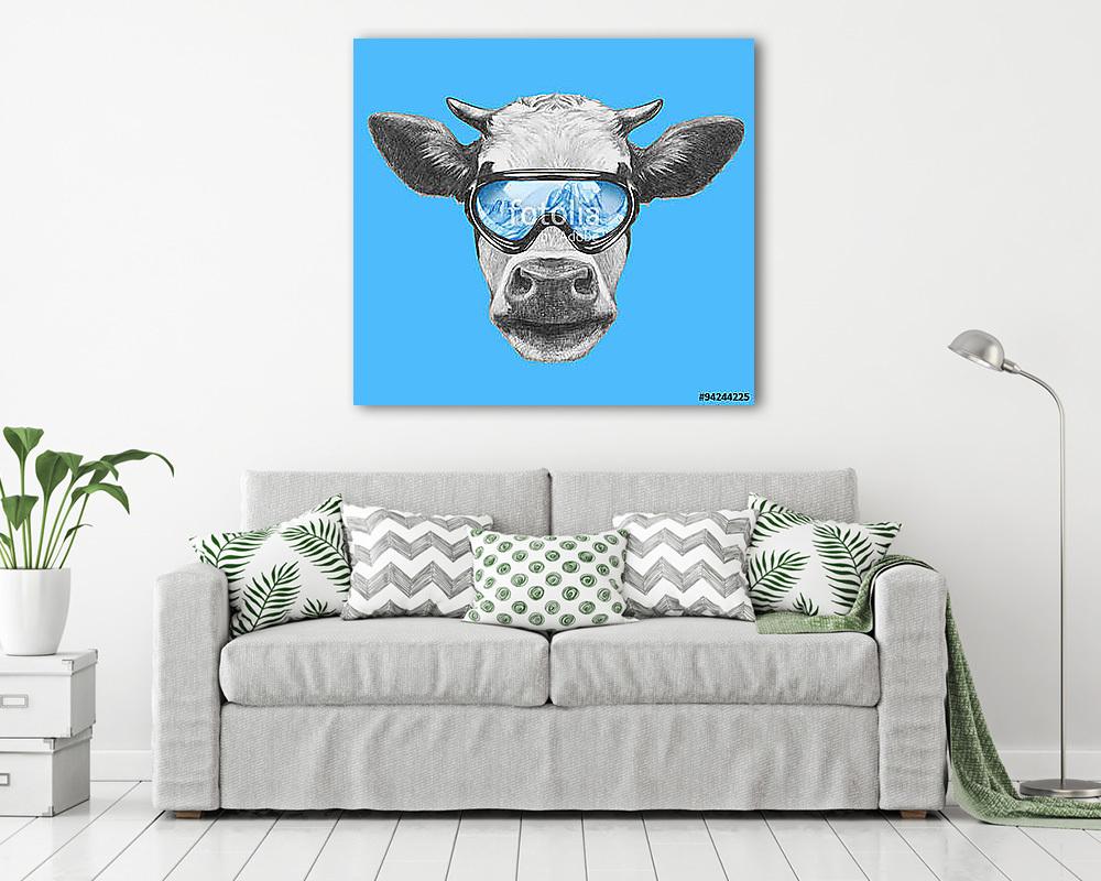 Portrait of Cow with ski goggles. Hand drawn illustration. (fotótapéta) - vászonkép, falikép otthonra és irodába