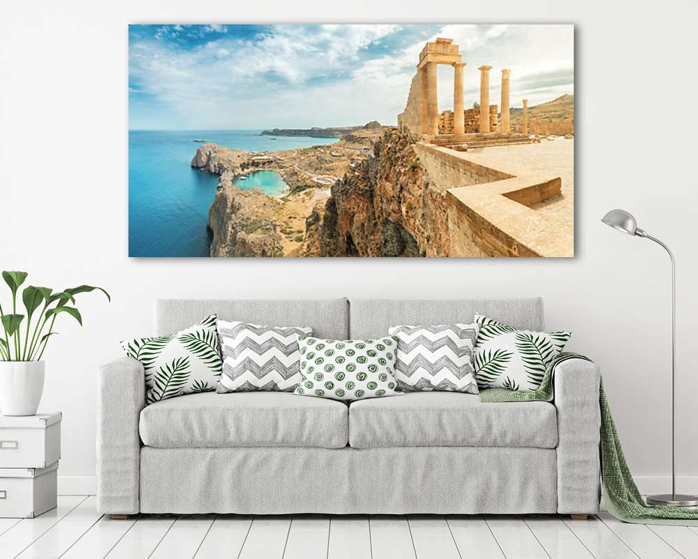 Lindoszi Akropolisz, tenger panorámával Róodosz szigetén (keretezett kép) - vászonkép, falikép otthonra és irodába
